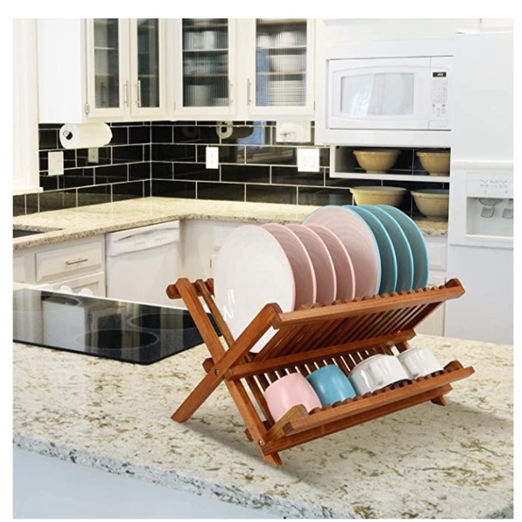 Dish Drying Rack 2-Tier Collapsible Kitchen Storage Pine Wood - Picture 4 of 5
